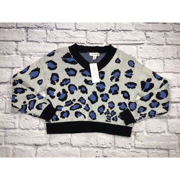TREASURE & BOND Kids V-neck Crop Sweater In Ivory Dove Pop Leopard Size Medium - Picture 1 of 4